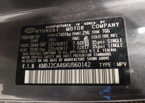 2019 Hyundai Tucson Se from USA, damaged, VIN KM8J2CA46KU960142
